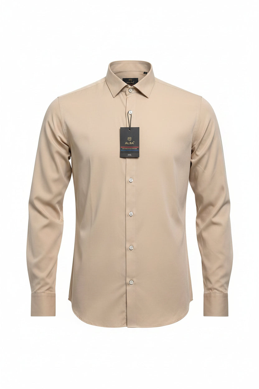 Folded beige shirt with a brand label on a gray background