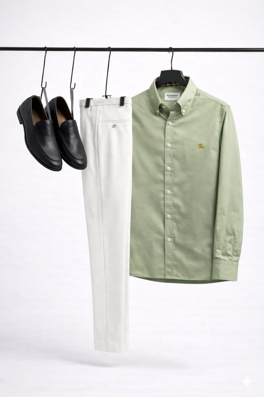 Premium Fabric shirt with Collar Button. BB- Light Green