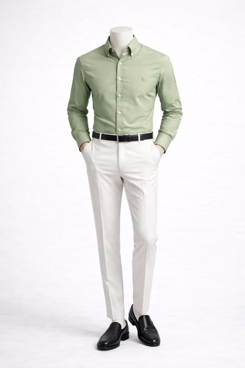 Premium Fabric shirt with Collar Button. BB- Light Green