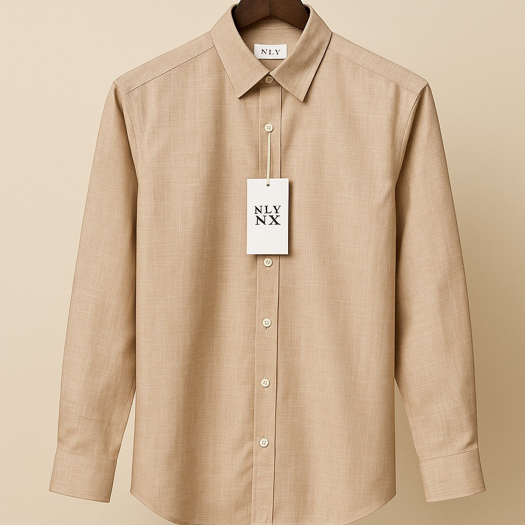 Z Fashion Cult men's light brown linen-blend long-sleeve button-up shirt with a classic collar.